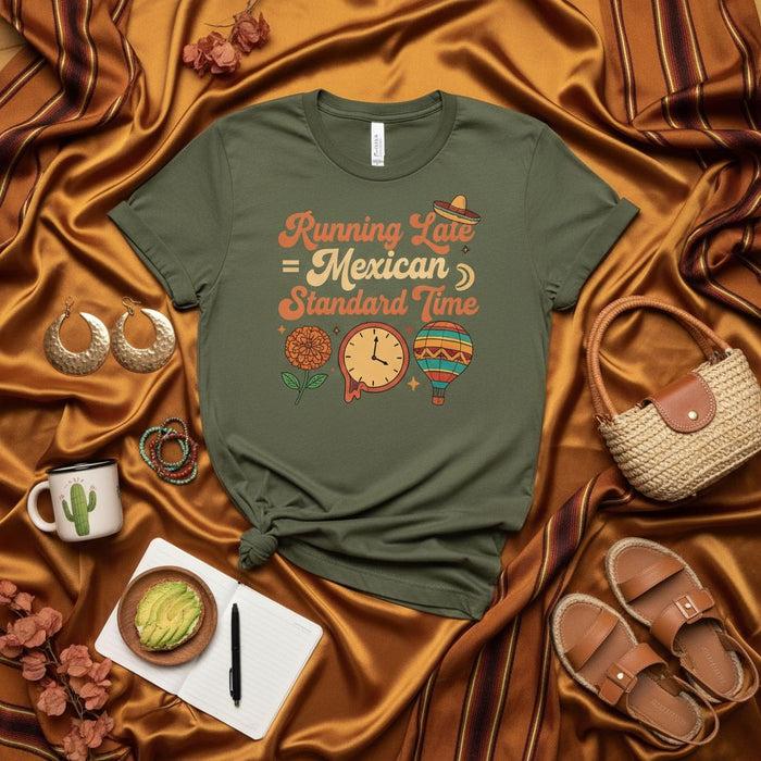 Running Late = Mexican Standard Time Shirt, Funny Retro Fiesta Tee, Distressed Clock Graphic, Hispanic Heritage Gift, Unisex Standard Fit T-Shirt, Cinco de Mayo Apparel