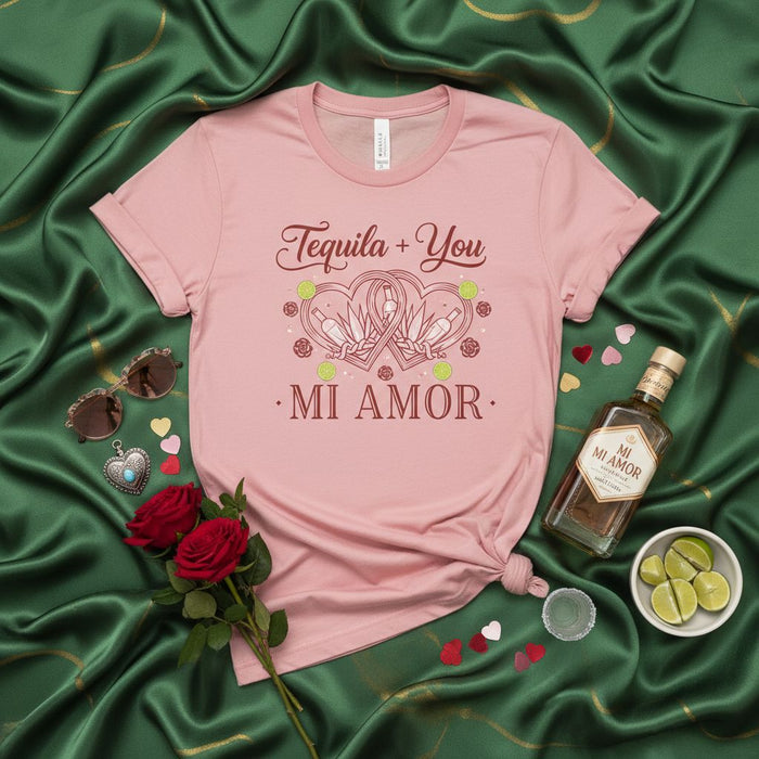 Tequila + You Mi Amor Unisex T-Shirt - Pink Valentines Day Graphic Tee with Agave Hearts, Lime, and Roses - Romantic Spanish English Phrase Alcohol Lover Gift