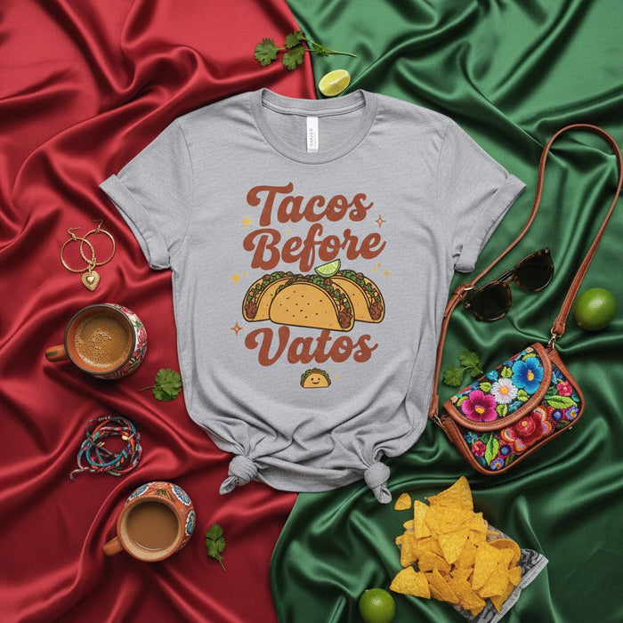 Tacos Before Vatos Shirt, Funny Spanish Quote Tee, Latina Food Lover Gift, Mexican Culture Graphic T-Shirt, Cinco De Mayo Apparel, Humorous Foodie Statement Top