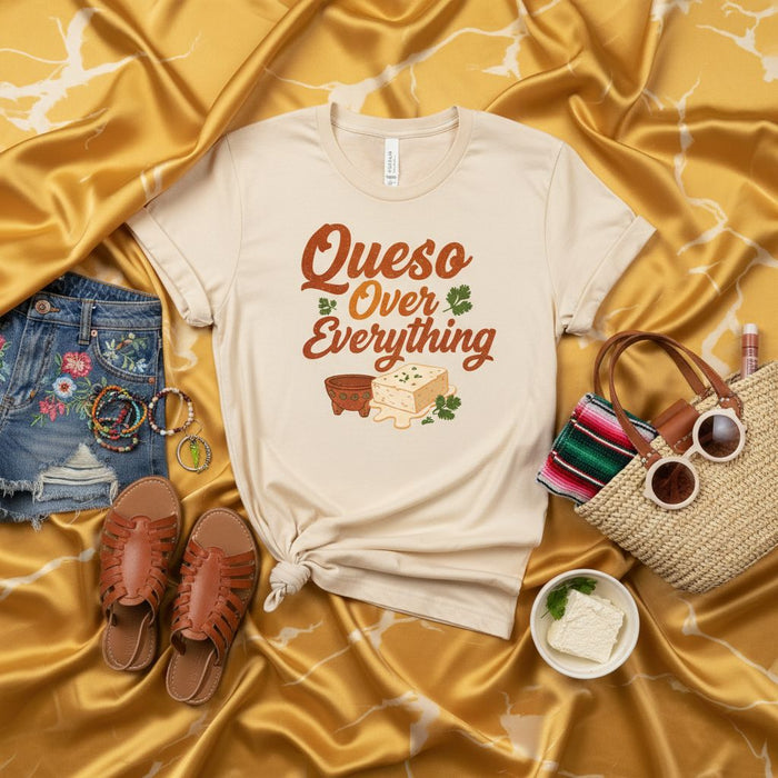 Queso Over Everything T-Shirt, Funny Cheese Love Tee, Mexican Food Lover Shirt, Spanish Phrase Graphic Top, Cute Summer Outfit for Women and Men