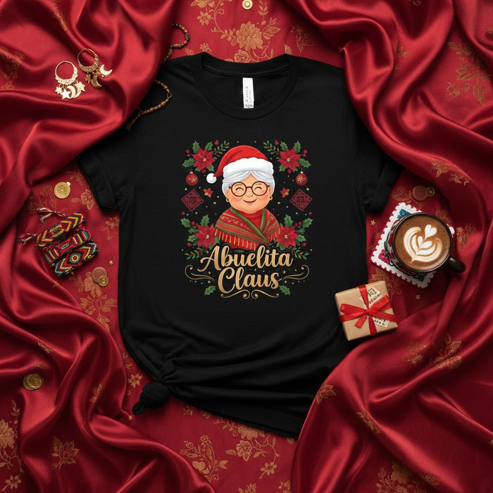 Camiseta navideña Abuelita Claus con gorro de Santa, nochebuenas y diseño tradicional de manta hispana para regalo festivo de abuela, madre o tía