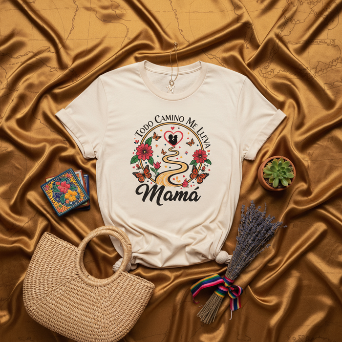 Todo Camino Me Lleva a Mamá T-Shirt, Mother's Day Gift, Spanish Mama Shirt, Women's Floral Butterflies Heart Road Tee, Latina Mom Life Appreciation T-shirt, Short Sleeve Unisex Graphic Top