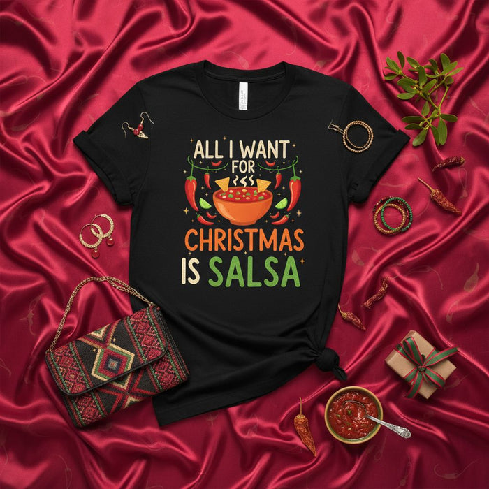 T-Shirt Tutto Quello Che Voglio a Natale è la Salsa Maglietta Divertente Cibo Messicano Regalo Vacanze Grafica Peperoncino Ciotola Abbigliamento