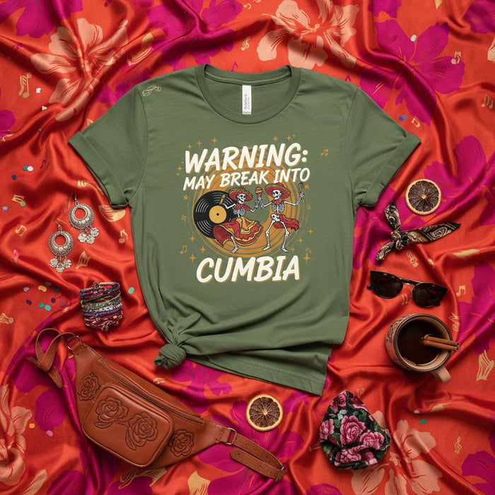 WARNING: MAY BREAK INTO CUMBIA Funny Skeleton Dancing T-Shirt, Cumbia Music Latin Dance Tee, Colombian Mexico Party Shirt, Gift for Cumbia Lovers & DJs, Unisex Graphic Shirt for Men Women.