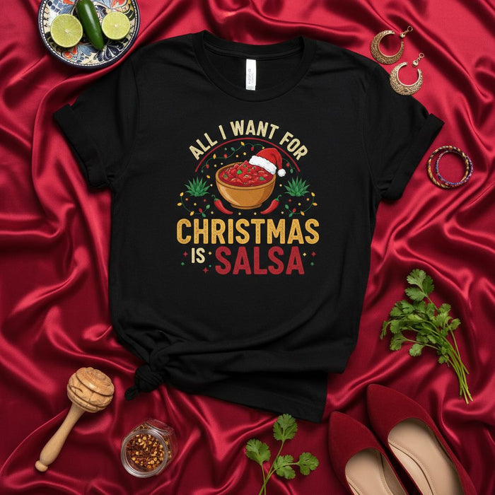 All I Want for Christmas is Salsa T-Shirt Funny Xmas Mexican Food Lover Holiday Tee with Santa Hat Chili Peppers and Christmas Lights Graphic Unisex Shirt