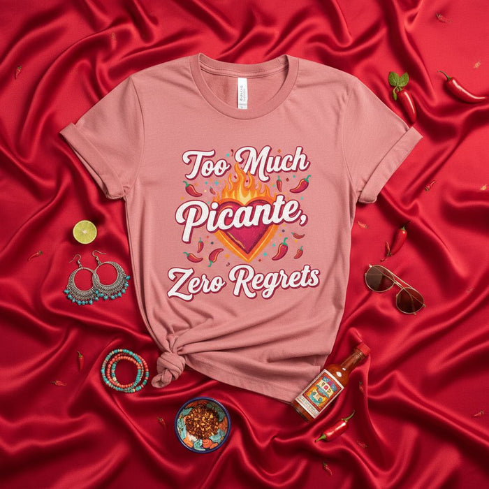 Too Much Picante Zero Regrets T-Shirt, Spicy Food Lover Gift, Hot Sauce Heart Tee, Cinco de Mayo Fiesta Shirt, Funny Mexican Chili Pepper Apparel