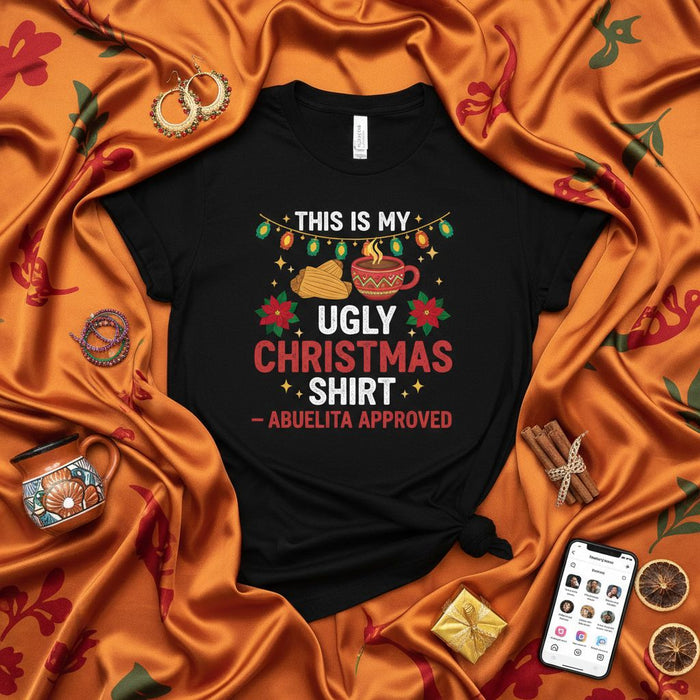 This Is My Ugly Christmas Shirt Abuelita Approved T-Shirt Funny Hot Chocolate Churros Holiday Fiesta Tee Gift for Grandma Spanish English Text Unisex Black Graphic T-Shirt Festive Family Party Apparel