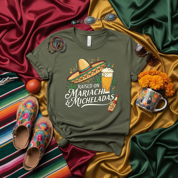 Raised on Mariachi & Micheladas Shirt, Sombrero & Beer Graphic Tee, Cinco de Mayo Fiesta Top, Mexican Heritage Unisex Gift T-Shirt, Culture Festival Apparel.
