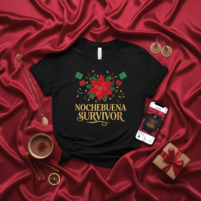 Nochebuena Survivor Shirt, Christmas Poinsettia Lights Tee, Funny Holiday Fiesta Family Matching T-Shirt, Mexican Posada Party Gift Top, Unisex Men Women Xmas Celebration Apparel