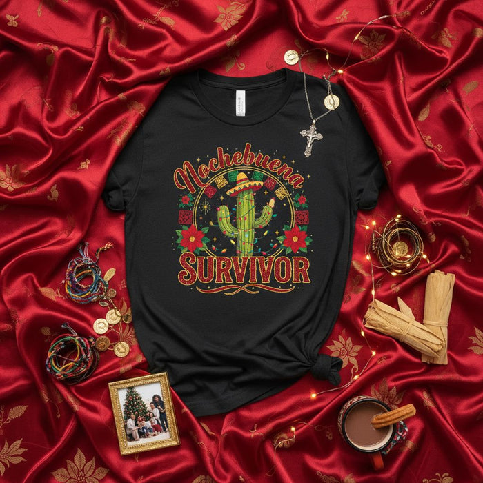 Nochebuena Survivor T-Shirt, Funny Mexican Cactus Christmas Tee, Fiesta Holiday Shirt, Cinco de Mayo Xmas Gift, Spanish Poinsettia Graphic T-Shirt