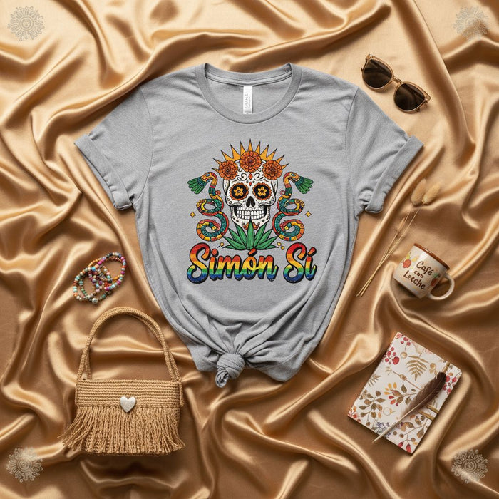 Simón Sí Day of the Dead Sugar Skull T-Shirt with Snakes and Agave Plant, Calavera Mexicana Tee, Bright Floral Crown and Serpentine Design, Unisex Graphic Top