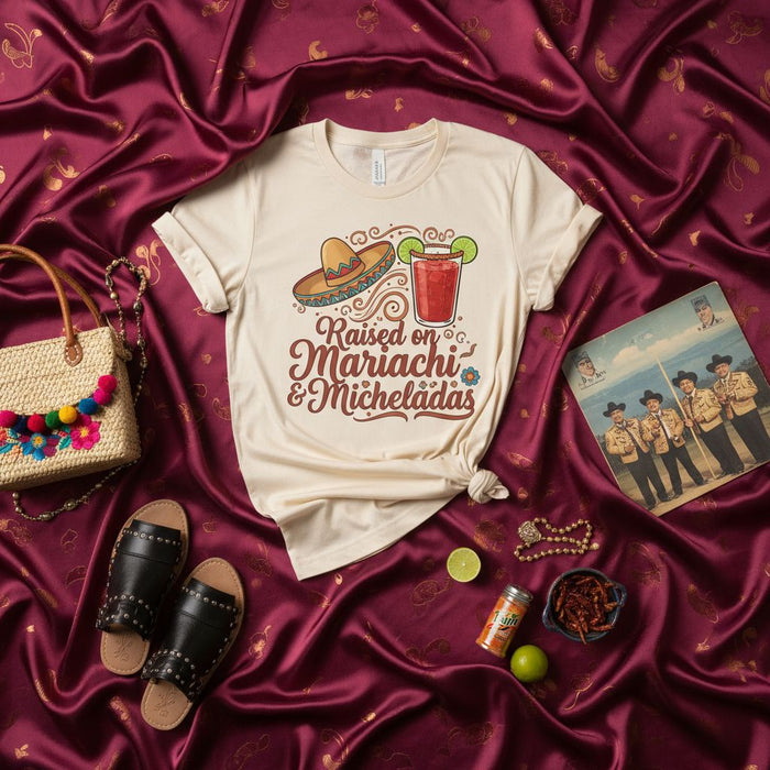 Raised on Mariachi & Micheladas T-Shirt, Unisex Graphic Tee, Mexican Culture Drink Sombrero Music Shirt, Cinco de Mayo Fiesta Gift, South Western Style Apparel