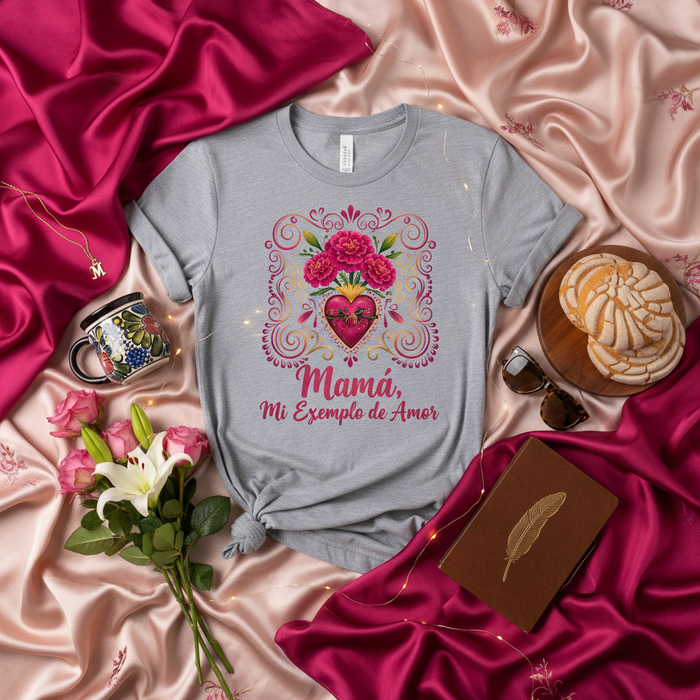 Mamá, Mio Esempio di Amore Maglietta, Regalo Festa della Mamma per Mamma Ispanofona, Maglia Design Cuore Floreale, Ispirata Arte Popolare Messicana, Unisex
