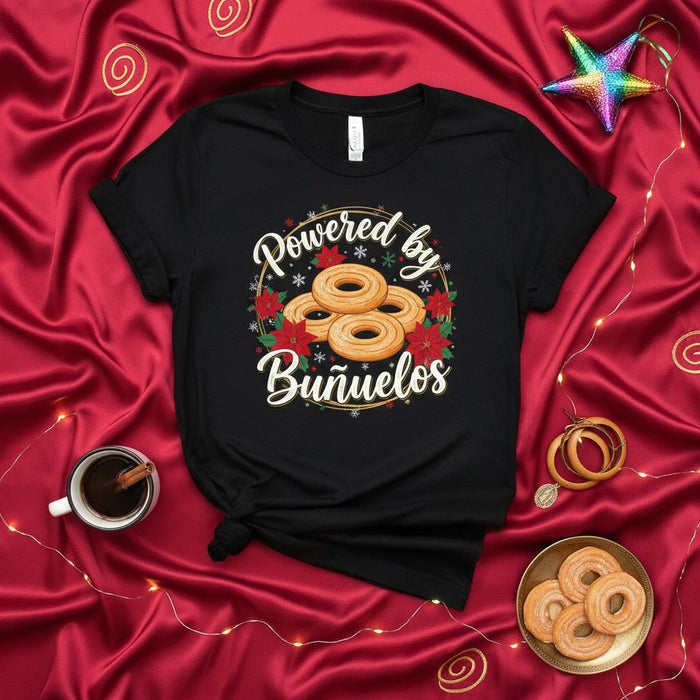 Powered by Buñuelos T-Shirt, Funny Hispanic Christmas Cookie Dessert Tee, Mexican Pastry Lover Holiday Gift for Women Men