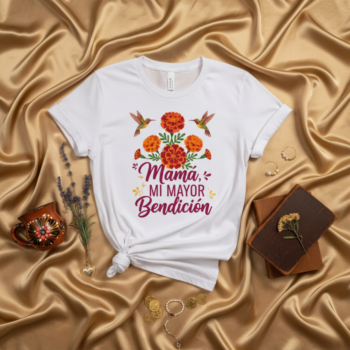 Mamá Mi Mayor Bendición T-Shirt, Día de las Madres Marigold Hummingbird Shirt, Spanish Mother's Day Gift for Mom, Floral Mexican Graphic Tee, Blessing T-Shirt
