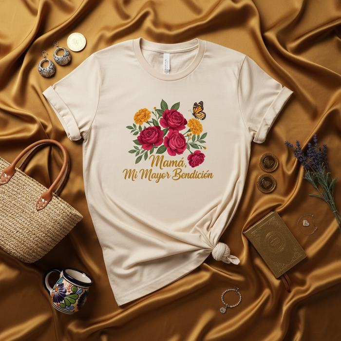 Mamá, Mi Mayor Bendición T-Shirt, Spanish Mother's Day Shirt, Floral Rose Butterfly Graphic Tee, Gift for Mom Latina, Tan Unisex Shirt, Spanish Gift for Mother, Rosa Flores Mariposa