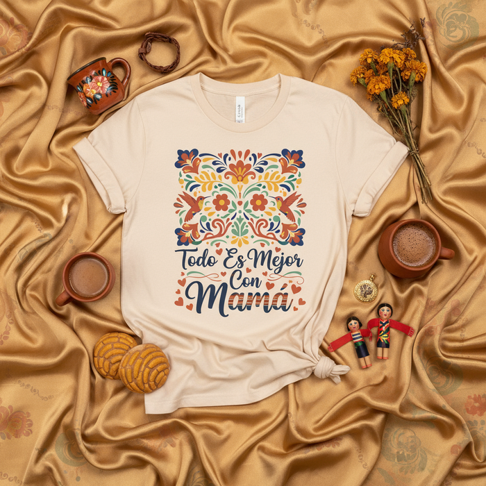 Todo Es Mejor Con Mamá Floral T-Shirt, Mexican Fiesta Shirt, Mother's Day Gift, Spanish Shirt, Cute Hummingbird Design, Hispanic Mom Tee, Latina Mama Apparel, Folk Art Style Graphic Top