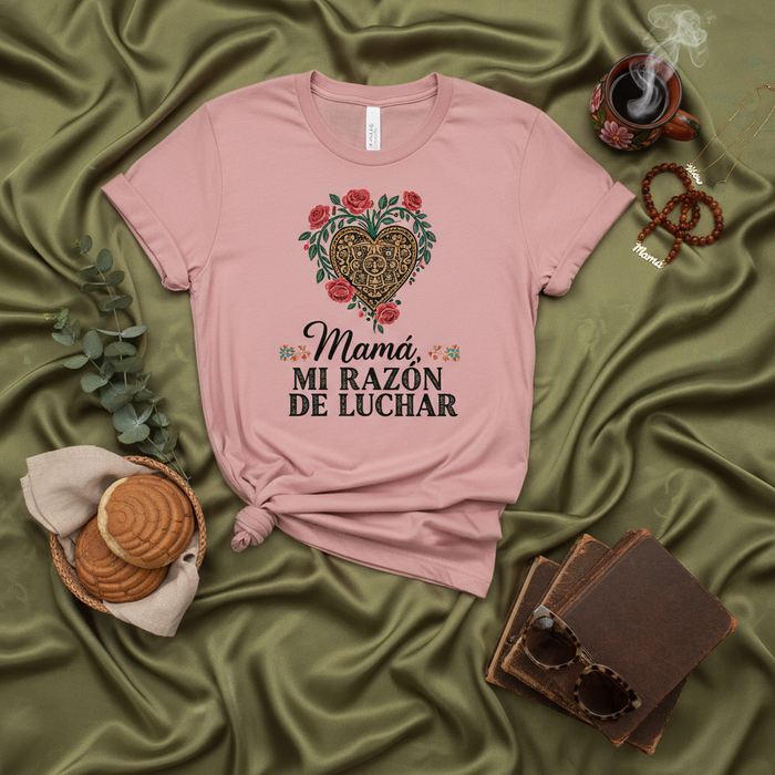 Mamá Mi Razón De Luchar T-Shirt, Camiseta Regalo para Mamá Española, Corazón de Calavera Floral, Playera Unisex Mexicana, Día de las Madres Latina, Skull Heart Roses Tee