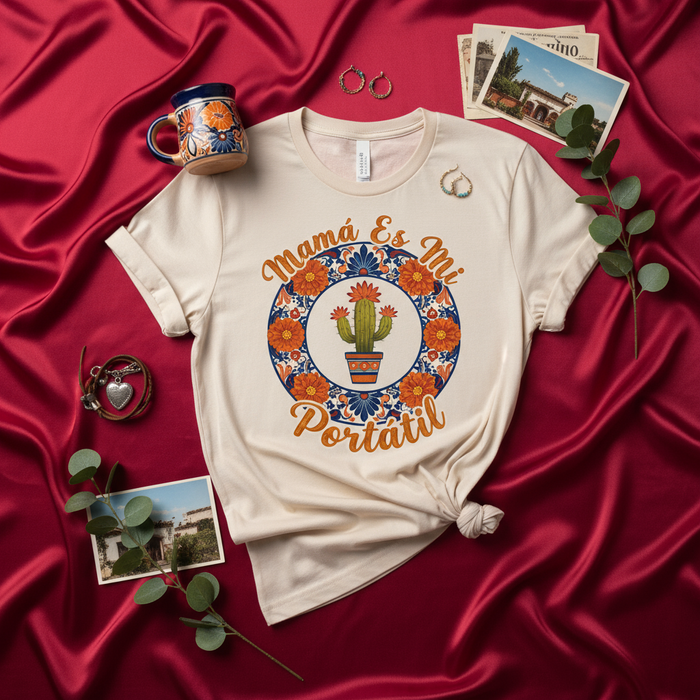 Mamá Es Mi Portátil Cactus T-Shirt, Día de la Madre Regalo, Camiseta Unisex con Diseño Floral Naranja y Azul, Estilo Mexicano, Ropa de Maternidad, Regalo para Mamá Española.
