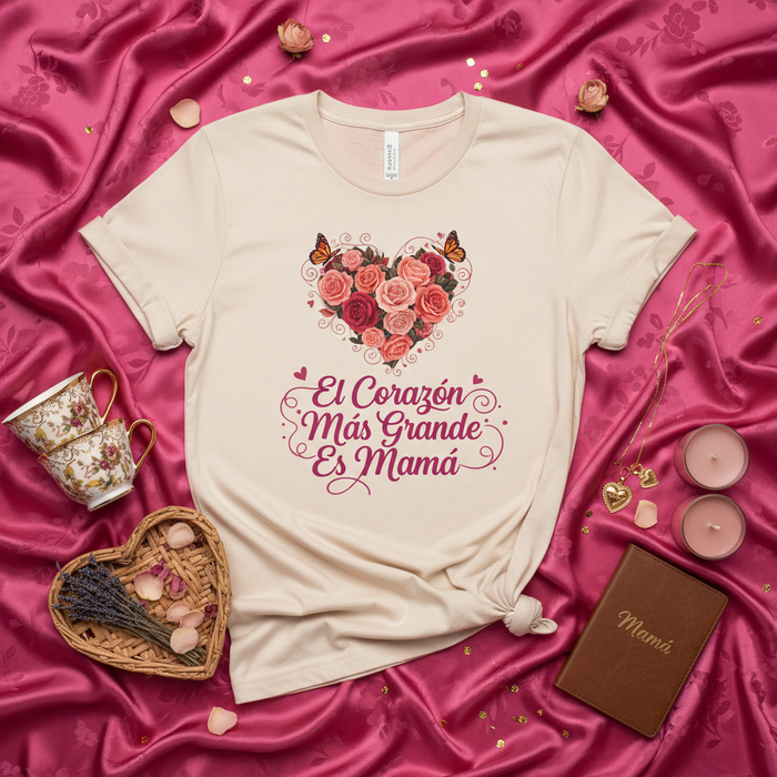 El Corazón Más Grande Es Mamá T-Shirt, Camiseta Regalo para Mamá, Corazón de Rosas Mariposas, Día de las Madres, Ropa en Español, Spanish Mother's Day Gift Tee, Sudadera Unisex con Flores y Letras.