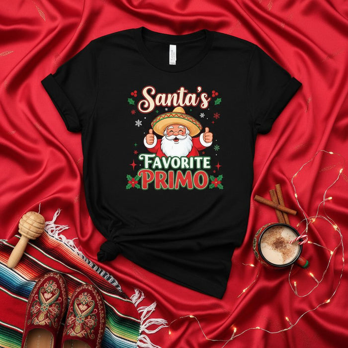 Santa's Favorite Primo Christmas Shirt, Funny Mexican Santa Sombrero Holiday Tee, Festive Family Cousin Xmas Party Gift, Matching Hispanic Navidad T-Shirt