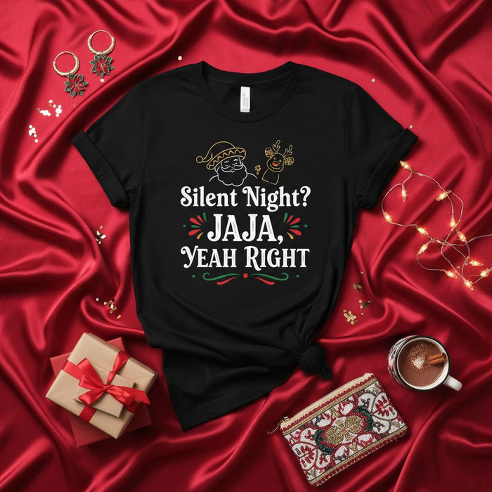 Silent Night? Jaja, Yeah Right Funny Christmas T-Shirt, Humor Holiday Tee with Santa and Reindeer, Unisex Festive Party Shirt, Sarcastic Xmas Apparel Gift for Mom Dad Friends