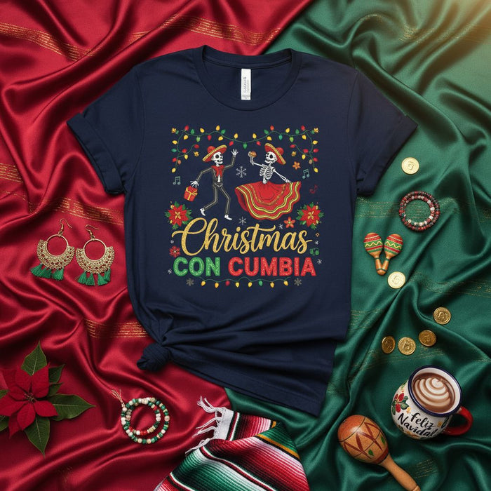 Christmas Con Cumbia Skeleton Dancers Feliz Navidad T-Shirt, Mexican Fiesta Holiday Shirt, Day of the Dead Christmas, Funny Latin Music Xmas Gift Tee
