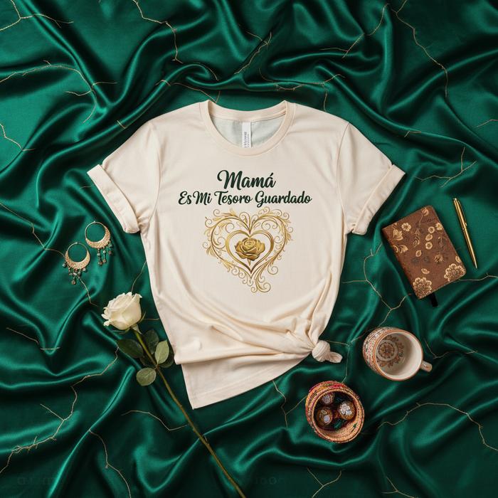 Mamá Es Mi Tesoro Guardado T-Shirt, Mother's Day Gift, Spanish Mom Shirt, Golden Rose Heart Design, Regalo para Mamá, Mexican Mom Tee, Latina Mother Apparel