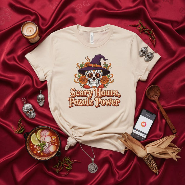 Scary Hours, Pozole Power Halloween Dia de Muertos Sugar Skull Witch Hat T-Shirt, Spooky Mexican Food Shirt, Fall Comfort Tee, Pozolero Gift