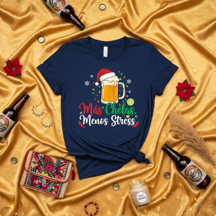 Más Chelas Menos Stress Christmas T-Shirt, Funny Holiday Drinking Beer Shirt, Fiesta Navidad Unisex Tee, Santa Hat Beer Mug Graphic T-shirt