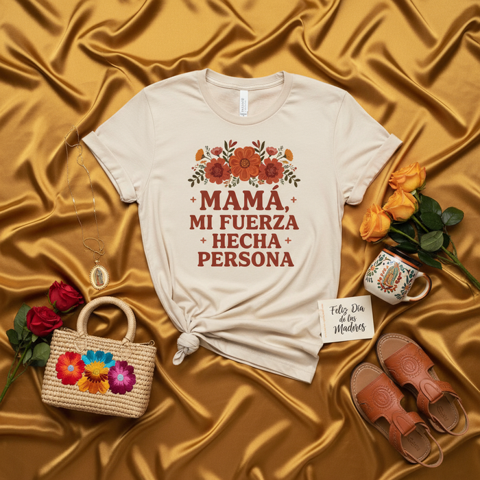 Mamá Mi Fuerza Hecha Persona T-Shirt, Spanish Mother's Day Shirt, Regalo para Mamá, Floral Mom Tee, Latinx Mother Gift Idea, Hispanic Mom Apparel, Beige Unisex T-shirt.