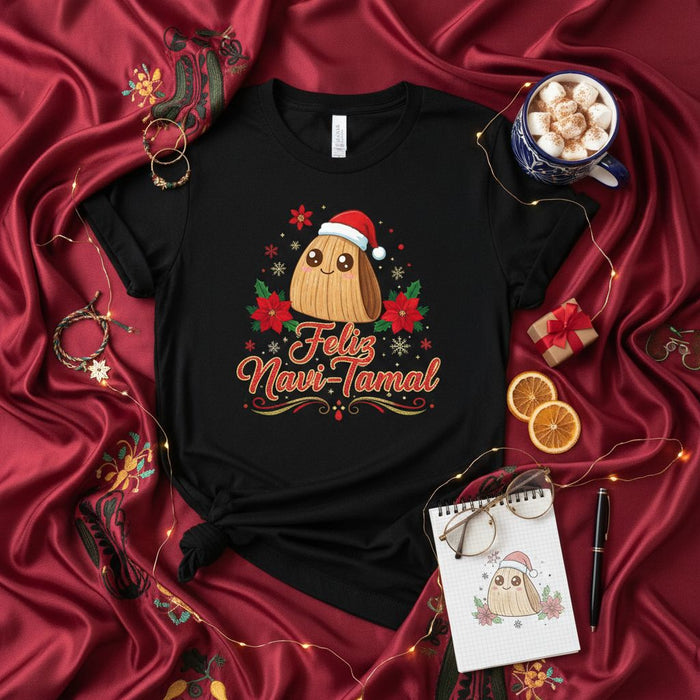 Feliz Navi-Tamal Christmas T-Shirt, Cute Tamale with Santa Hat Holiday Tee, Funny Mexican Food Xmas Gift, Navidad Pun Unisex Shirt for Tamalada Lovers