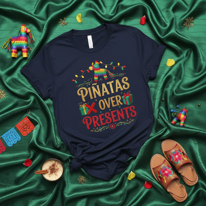 Piñatas Over Presents T-Shirt: Funny Festive Holiday Tee, Mexican Fiesta Pinata Christmas Lights Gift Idea for Men and Women, Unisex Graphic Top
