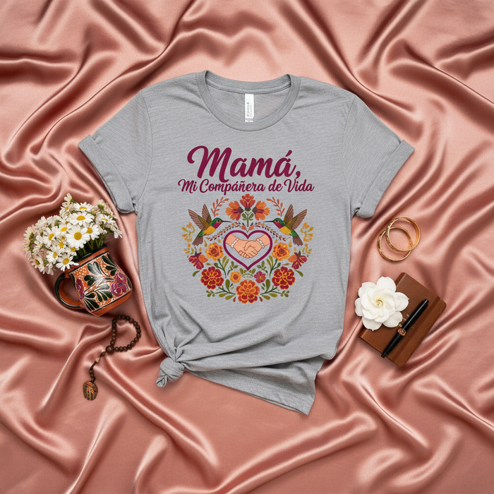 Mamá, Mi Compañera de Vida Mexican Floral Hummingbird Graphic T-Shirt | Spanish Mother's Day Shirt for Mom, Abuela, Tia | Dia de las Madres Gift Tee