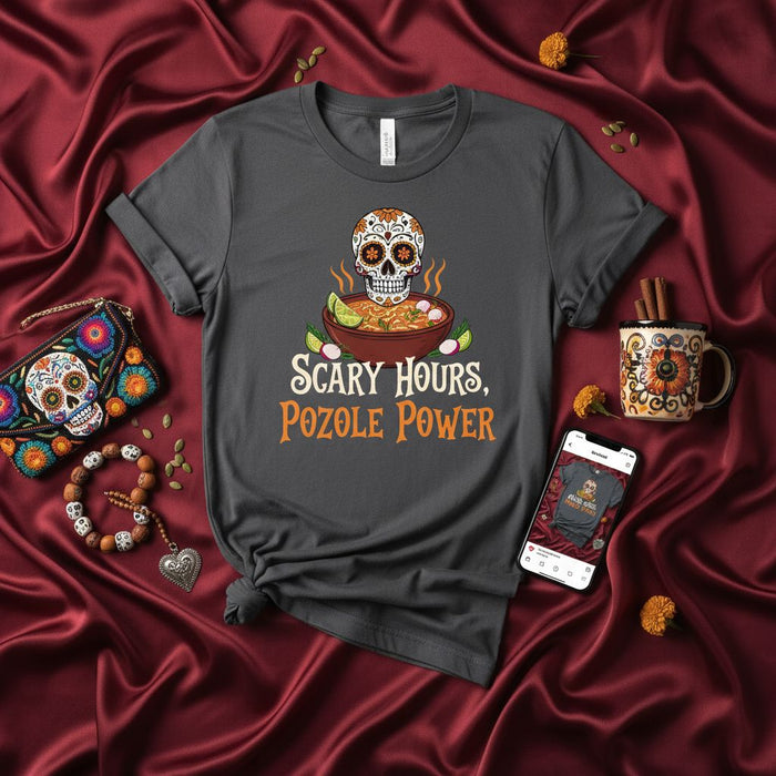 Scary Hours, Pozole Power Day of the Dead Sugar Skull T-Shirt, Funny Halloween Foodie Tee, Mexican Hot Soup Dia de Muertos Apparel, Unisex Graphic Shirt Gift