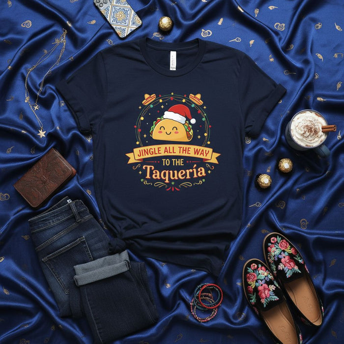 Camiseta divertida de Navidad con tacos, "Jingle All The Way To The Taquería", sombrero festivo con luces y gorro de Papá Noel, regalo para amante de la comida mexicana