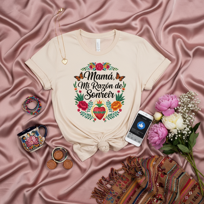 Mamá Mi Razón de Sonreír Camiseta Unisex, Día de las Madres Regalo, Corazón Sagrado Floral Mariposas, Playera Para Mamá Latina Mexicana, Regalo para Abuela Tía