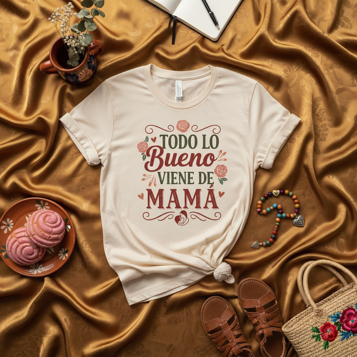 Todo Lo Bueno Viene De Mamá T-Shirt, Camiseta Regalo para Mamá, Spanish Mother's Day Shirt, Mexican Mom Gift, Motherhood Tee, Latina Mama Life, Spanish Quote Shirt, New Mom, Best Mom Ever, Cute Floral Design