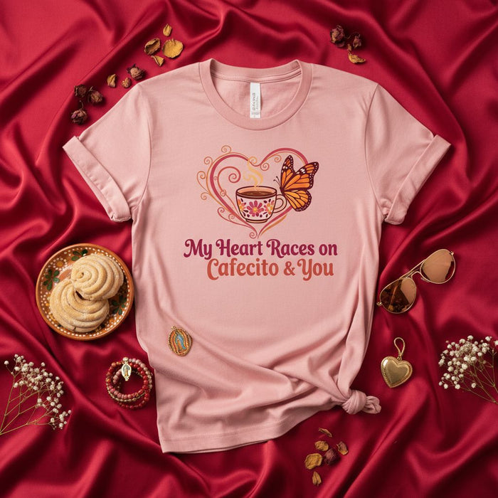 My Heart Races on Cafecito & You T-Shirt, Cute Valentine's Day Tee, Coffee Lover Gift, Butterfly Heart Graphic Shirt, Unisex Latina Hispanic Culture Top, Soft Pink Short Sleeve T-Shirt