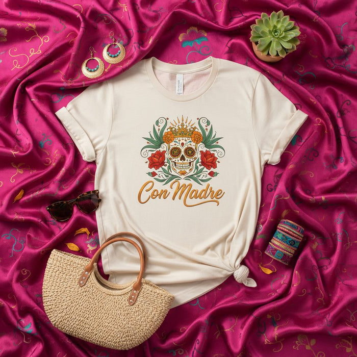 Con Madre Sugar Skull Day of the Dead T-Shirt Floral Calavera Mexico Fiesta Unisex Tee