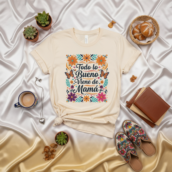 Todo lo Bueno Viene de Mamá T-Shirt | Spanish Mother's Day Tee | Floral Mariposa Butterflies Design | Gift for Latina Mom | Short-Sleeve Unisex Shirt