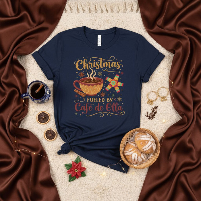 Christmas Fueled By Café de Olla T-Shirt, Hot Chocolate Cup, Piñata, Cinnamon, Mexican Holiday Tee, Unisex Christmas Gift, Festive Apparel
