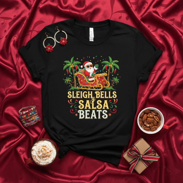 Sleigh Bells Salsa Beats T-Shirt, Tropical Santa Claus Sleigh Palm Trees Christmas Lights, Funny Festive Holiday Tee, Unisex Family Party Shirt