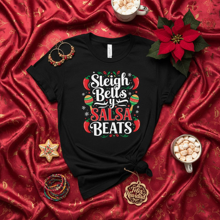 Sleigh Bells y Salsa Beats Christmas T-Shirt, Funny Holiday Latin Dance Shirt, Xmas Party Outfit with Maracas and Chili Peppers, Unisex Graphic Tee