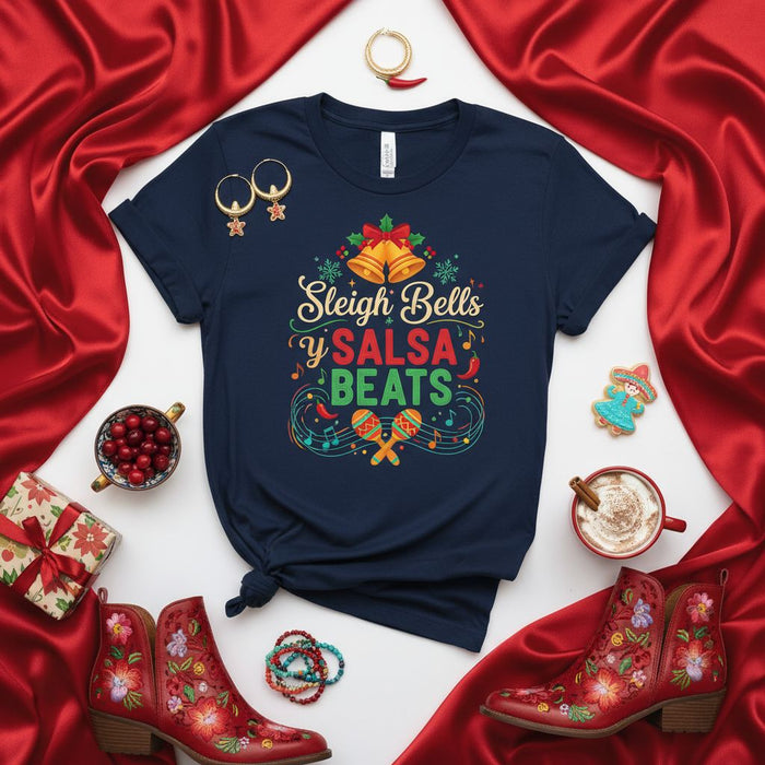 Sleigh Bells y Salsa Beats Christmas T-Shirt, Funny Holiday Latin Music Tee, Unisex Fiesta Xmas Shirt with Maracas and Bells Design, Merry Christmas Gift for Salsa Dancer and DJ, Festive Group Matching Apparel