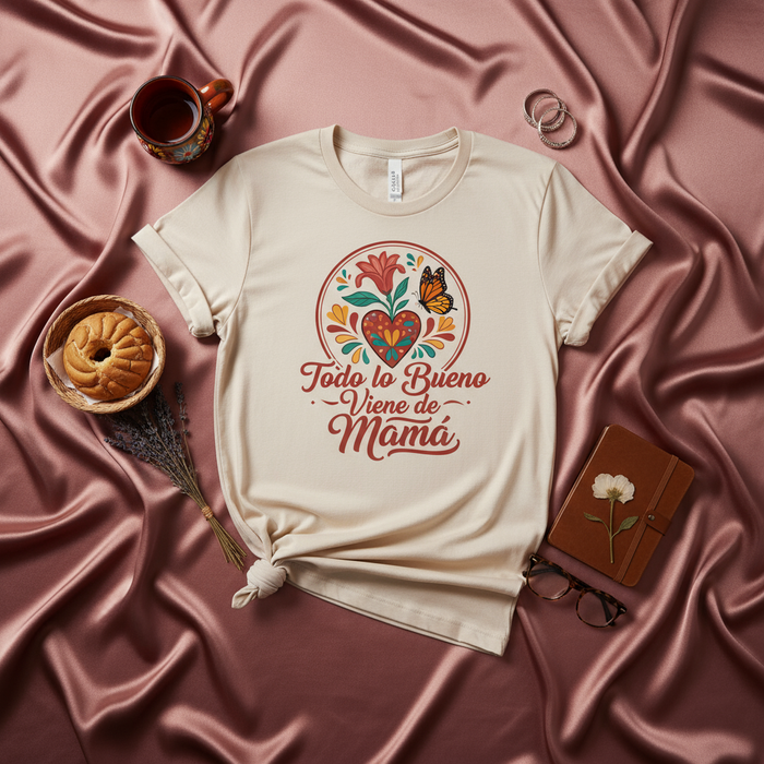 Todo lo Bueno Viene de Mamá T-Shirt, Mexican Floral Design Tee, Mother's Day Gift, Spanish Language Mom Shirt, Mariposa Butterfly Heart Graphic Unisex Shirt