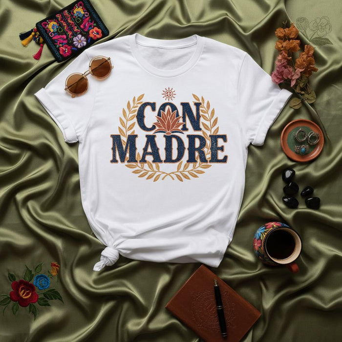 Con Madre T-Shirt, Mexican Mom Culture Shirt, Unisex Graphic Tee, Latina Apparel, Chingona Gift, Spanish Phrase Clothing, Floral Wreath Design