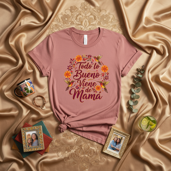 Todo lo Bueno Viene de Mamá T-Shirt | Spanish Mother's Day Shirt | Gifts for Mom | Floral Hummingbird Graphic Tee | Dia de las Madres T-Shirt | Latina Mom Gift Idea