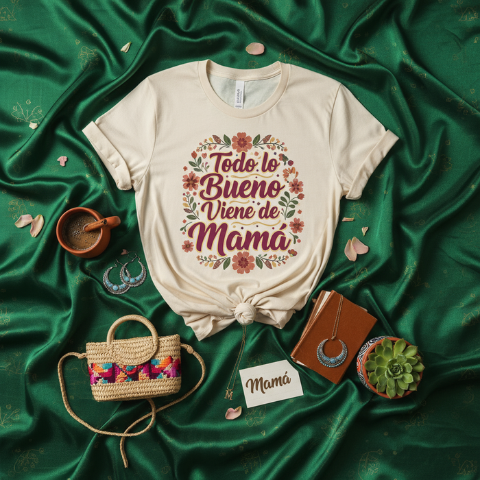 Todo lo Bueno Viene de Mamá T-Shirt, Spanish Mother's Day Shirt, Floral Design, Gift for Mom, Cute Latinx Tee, Familia Apparel
