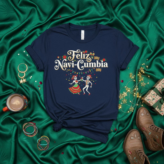 Feliz Navi-Cumbia Christmas Shirt with Dancing Skeletons, Dia de Muertos Holiday Fiesta Tee, Festive Latin Music Xmas Gift, Unisex Spanish English Navidad T-Shirt Apparel